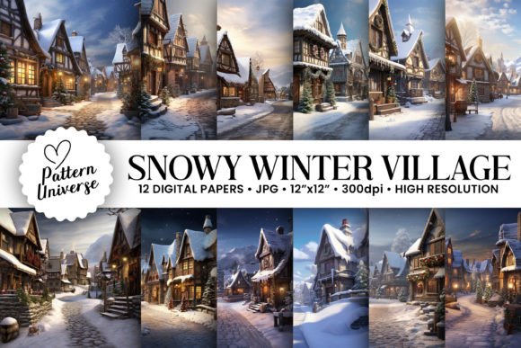 12 Snowy Winter Village Backgrounds for Holiday Projects