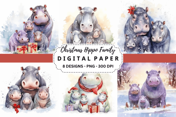 Christmas Hippo Family Backgrounds: Unique Holiday Design Assets